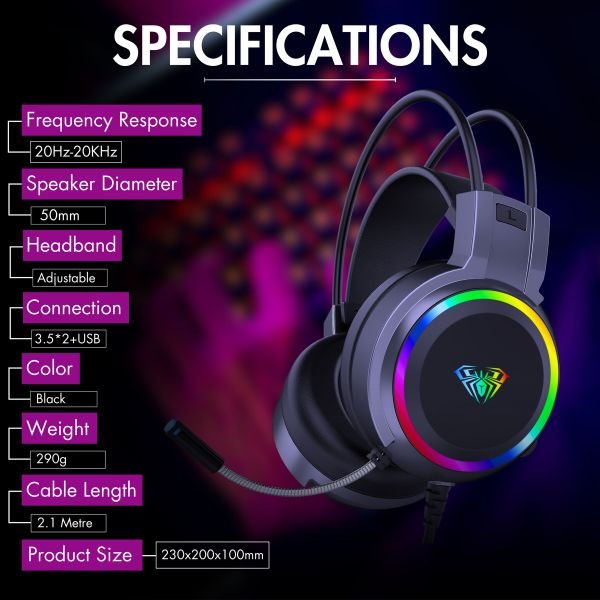 AULA S608 RGB Wired Gaming Headset With Adjustable Mic (Black)