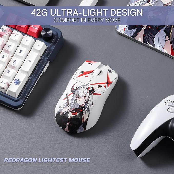 Redragon M916AK PRO 3-Mode Anime Gaming Mouse,Bluetooth,Wireless,USB-C 42G Ultra-Light 26K DPI w/Ergonomic Natural Grip Build,Full Programmable Buttons,Software Supports DIY Keybinds & DPI