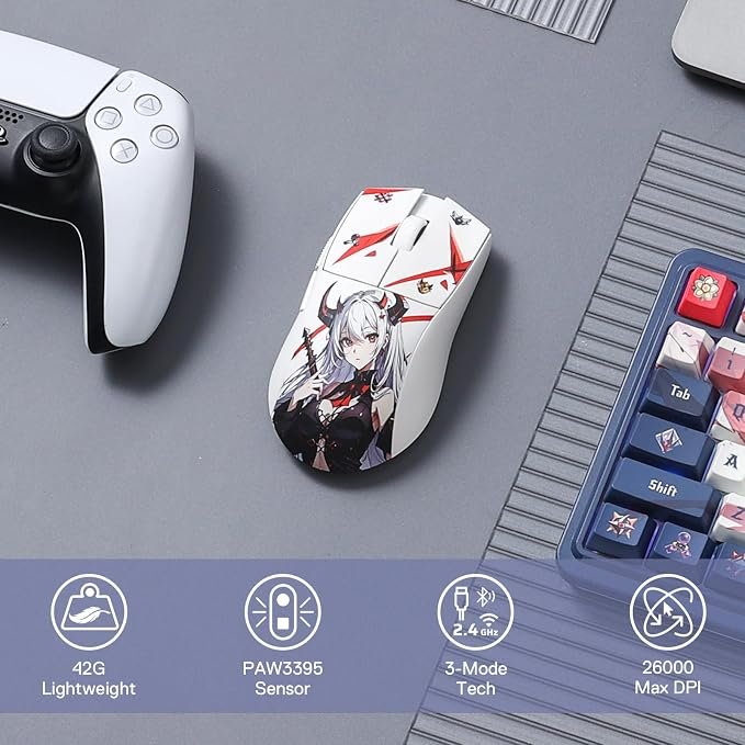 Redragon M916AK PRO 3-Mode Anime Gaming Mouse,Bluetooth,Wireless,USB-C 42G Ultra-Light 26K DPI w/Ergonomic Natural Grip Build,Full Programmable Buttons,Software Supports DIY Keybinds & DPI