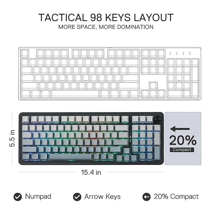 Redragon K686 PRO 98 Keys Wireless Gasket RGB Gaming Keyboard, 3-Mode PBT Mechanical Keyboard w/Hot-Swap South-Facing RGB Socket, Dedicated Knob Control & 5-Layer Noise Dampening,