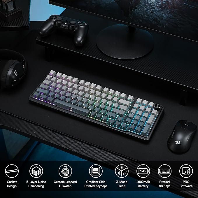 Redragon K686 PRO 98 Keys Wireless Gasket RGB Gaming Keyboard, 3-Mode PBT Mechanical Keyboard w/Hot-Swap South-Facing RGB Socket, Dedicated Knob Control & 5-Layer Noise Dampening,