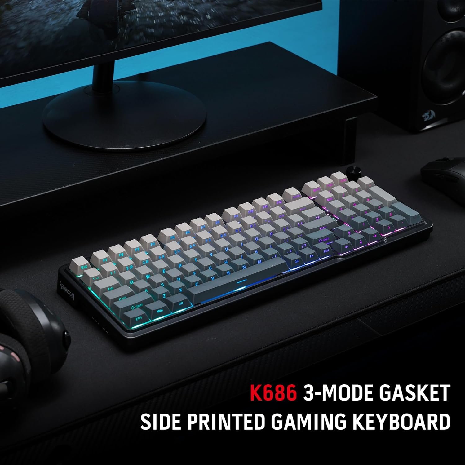 Redragon K686 PRO 98 Keys Wireless Gasket RGB Gaming Keyboard, 3-Mode PBT Mechanical Keyboard w/Hot-Swap South-Facing RGB Socket, Dedicated Knob Control & 5-Layer Noise Dampening,