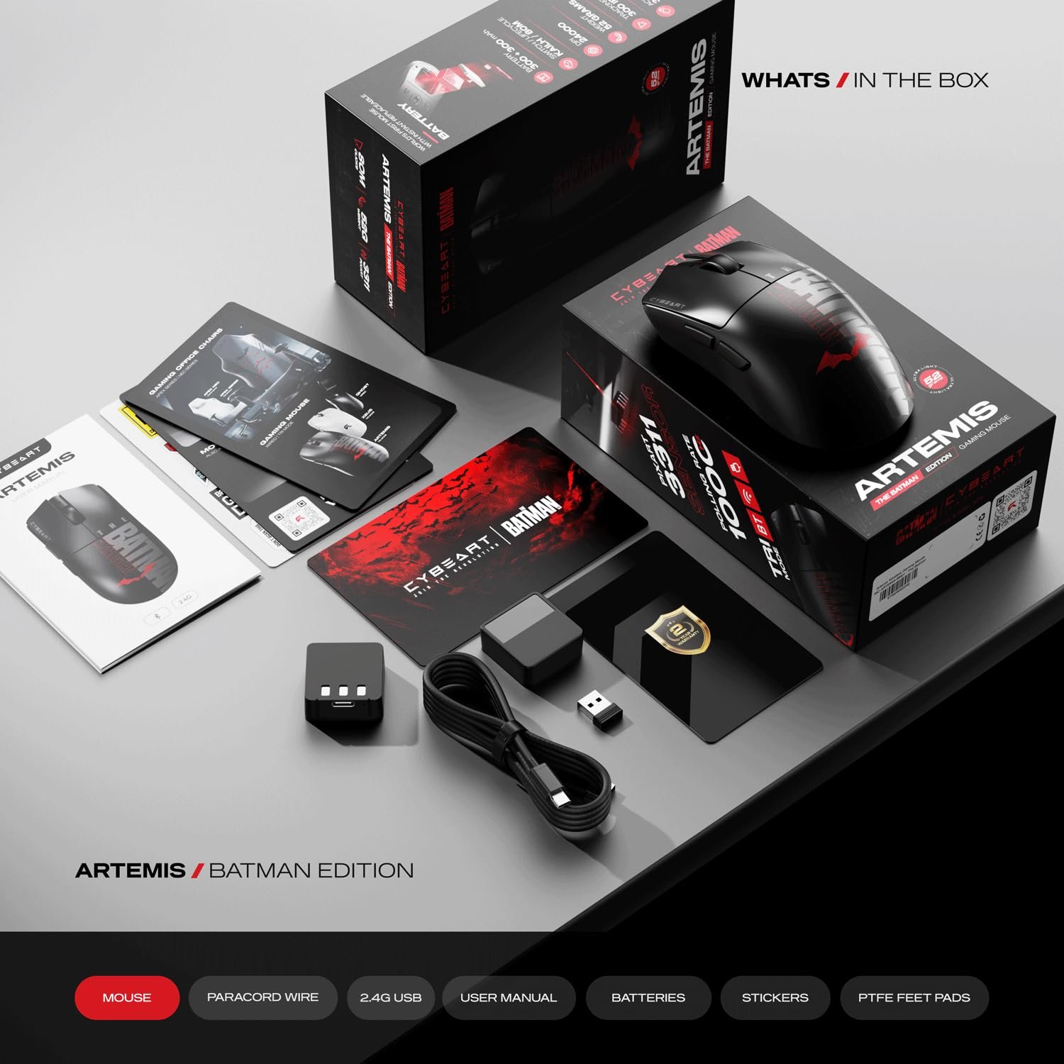 Cybeart | Artemis - The Batman 52g Ultra-Light Wireless Gaming Mouse | Dual 300mA Hyperswap™ Battery | 24,000 DPI | 1K Polling Rate | 80M Kailh Switches | Tri Mode