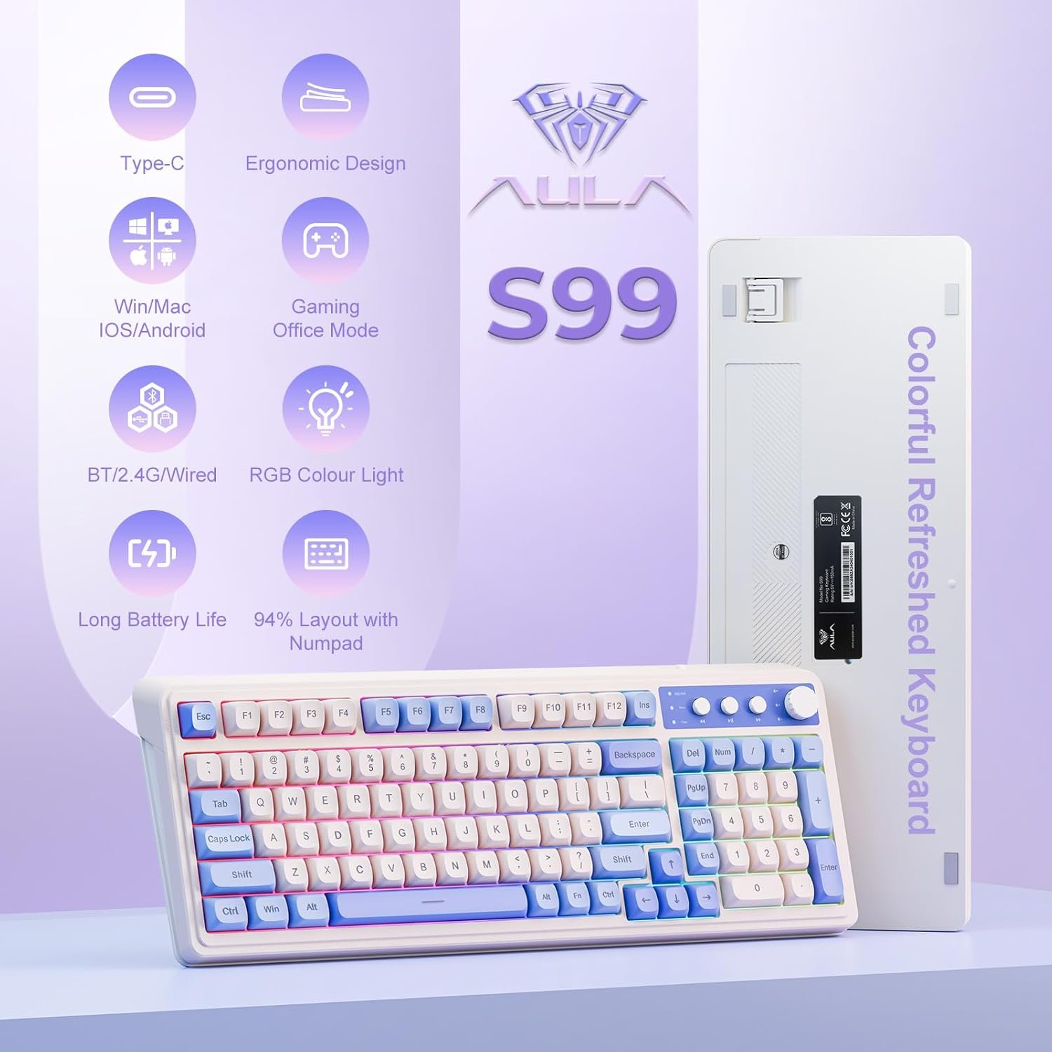AULA S99 Tri-Mode (2.4G/BT/Wired) Programmable Full Size Membrane Gaming Keyboard | Blue+White (S99UW)