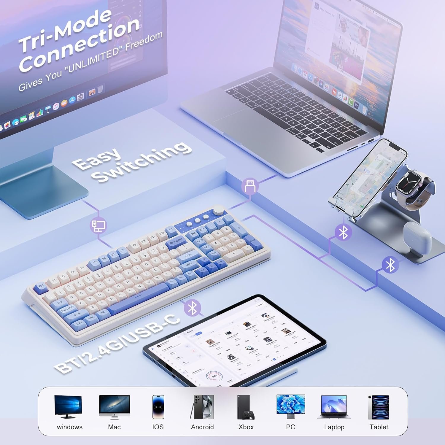 AULA S99 Tri-Mode (2.4G/BT/Wired) Programmable Full Size Membrane Gaming Keyboard | Blue+White (S99UW)