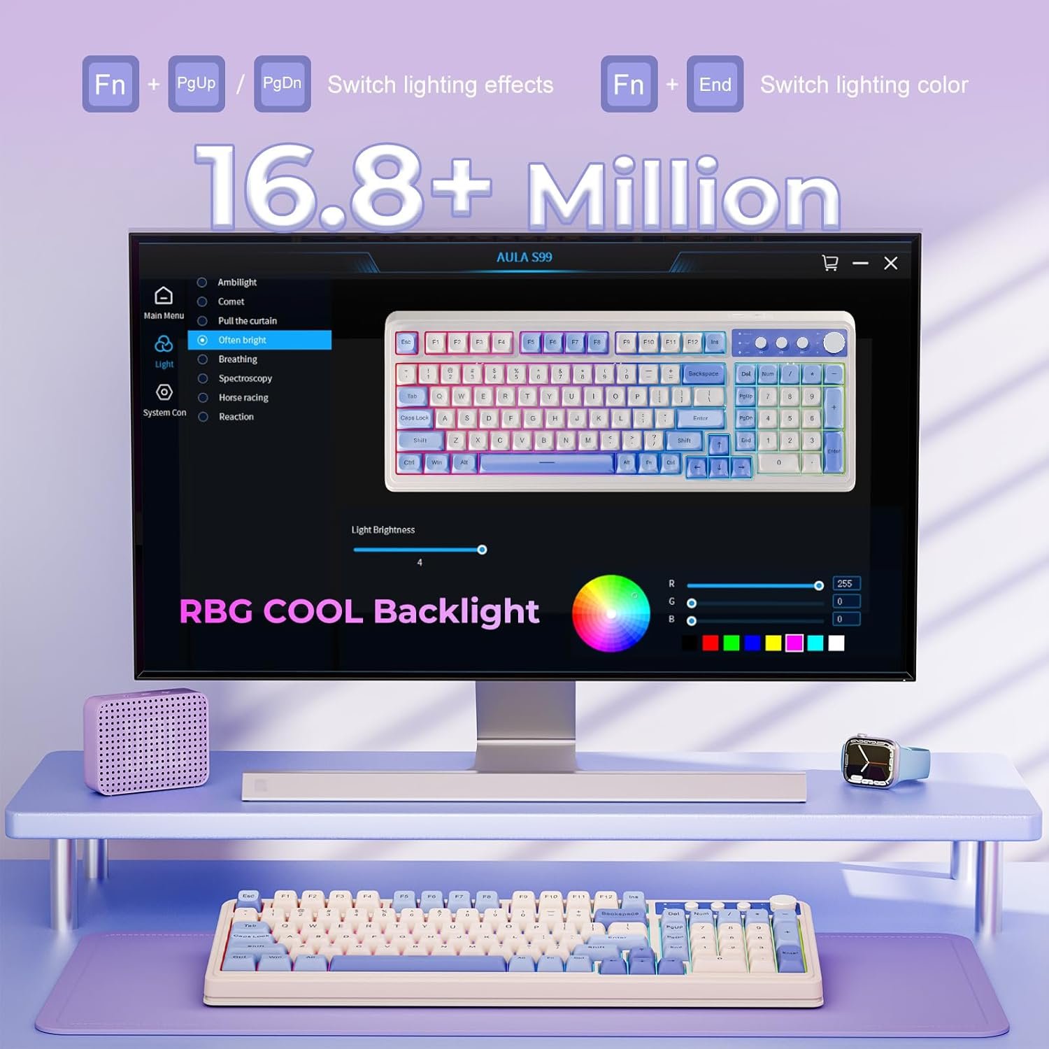 AULA S99 Tri-Mode (2.4G/BT/Wired) Programmable Full Size Membrane Gaming Keyboard | Blue+White (S99UW)