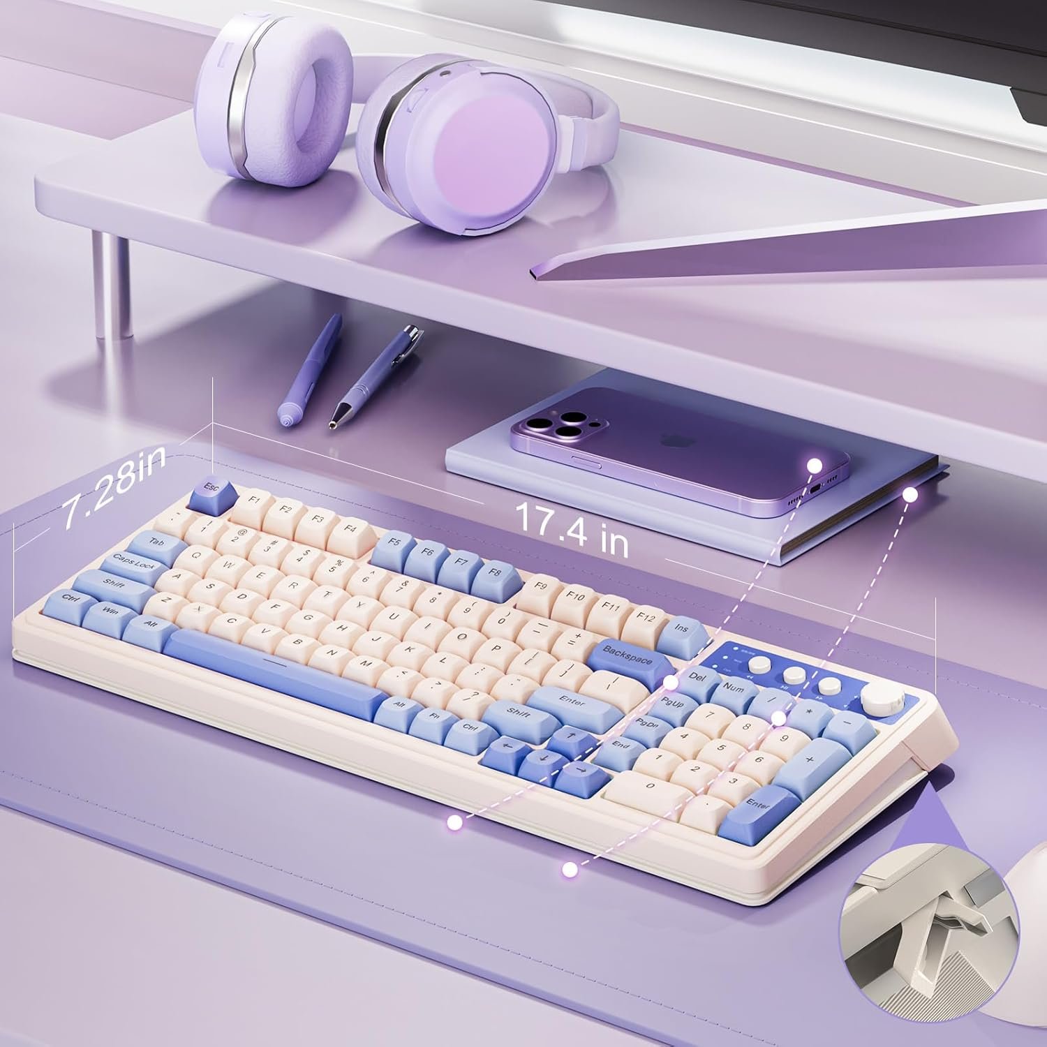 AULA S99 Tri-Mode (2.4G/BT/Wired) Programmable Full Size Membrane Gaming Keyboard | Blue+White (S99UW)