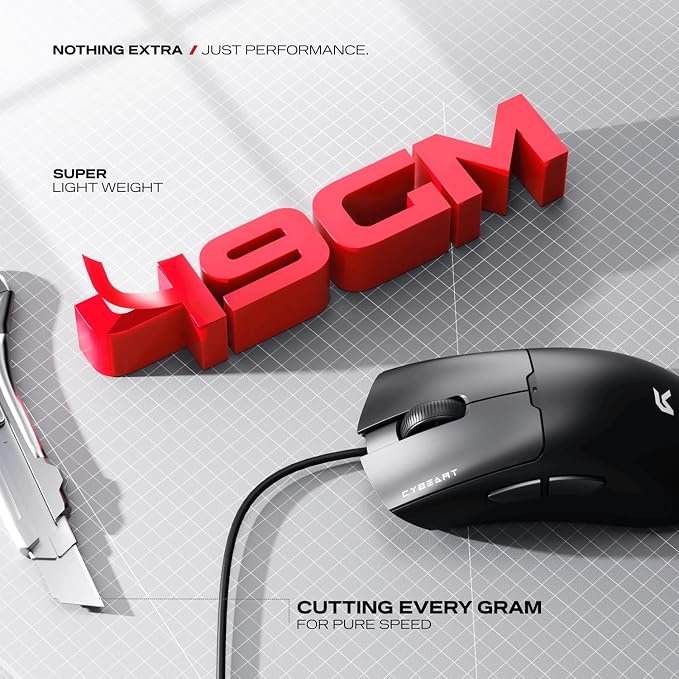 Cybeart | Ghost 49g Ultra-Light Wired Gaming Mouse | 12,800 DPI | 1000Hz Polling | Huano Switches (5M Clicks) | PTFE Feet (Black)