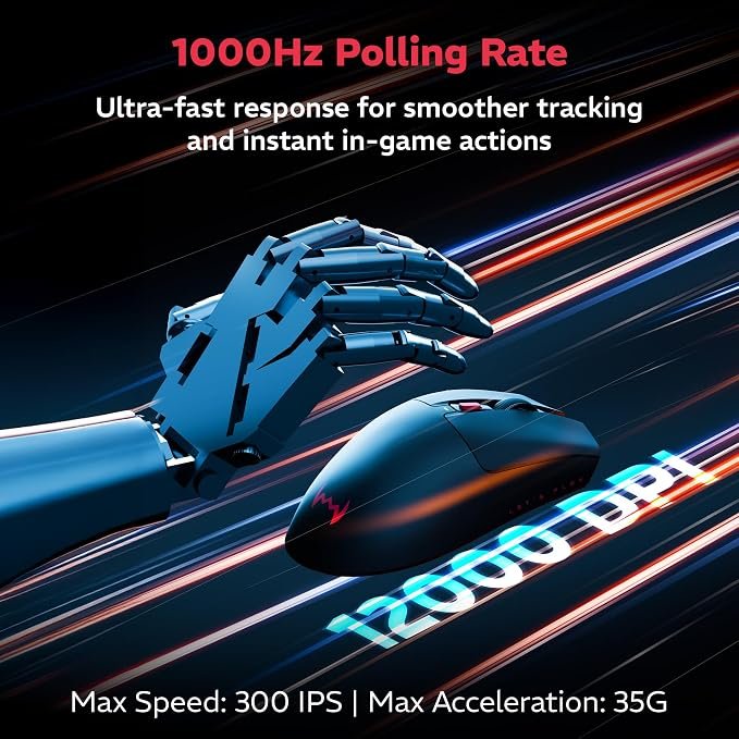 daWg Slay 50, 12000 DPI Wireless Gaming Mouse, PixArt 3311, 80Hrs* Backup, 1000Hz, 65gm Lightweight, 300IPS, 35G Acceleration, 6 Buttons, 20M Switch, RGB Charging Dock, Tri-Model (Black)