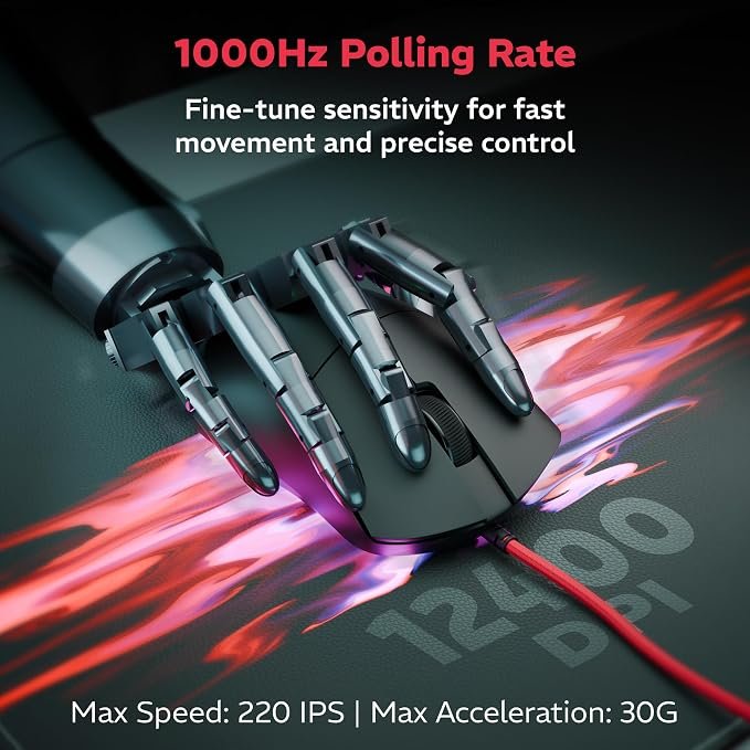 daWg Slay 25, 12400 DPI Wired Gaming Mouse, PixArt 3327 Sensor, 20M Huano Switches, 6 Buttons, 1000Hz Polling Rate, 85gm Lightweight, 220 IPS, 30G Acceleration, 1.5M Braided Cable (Black)
