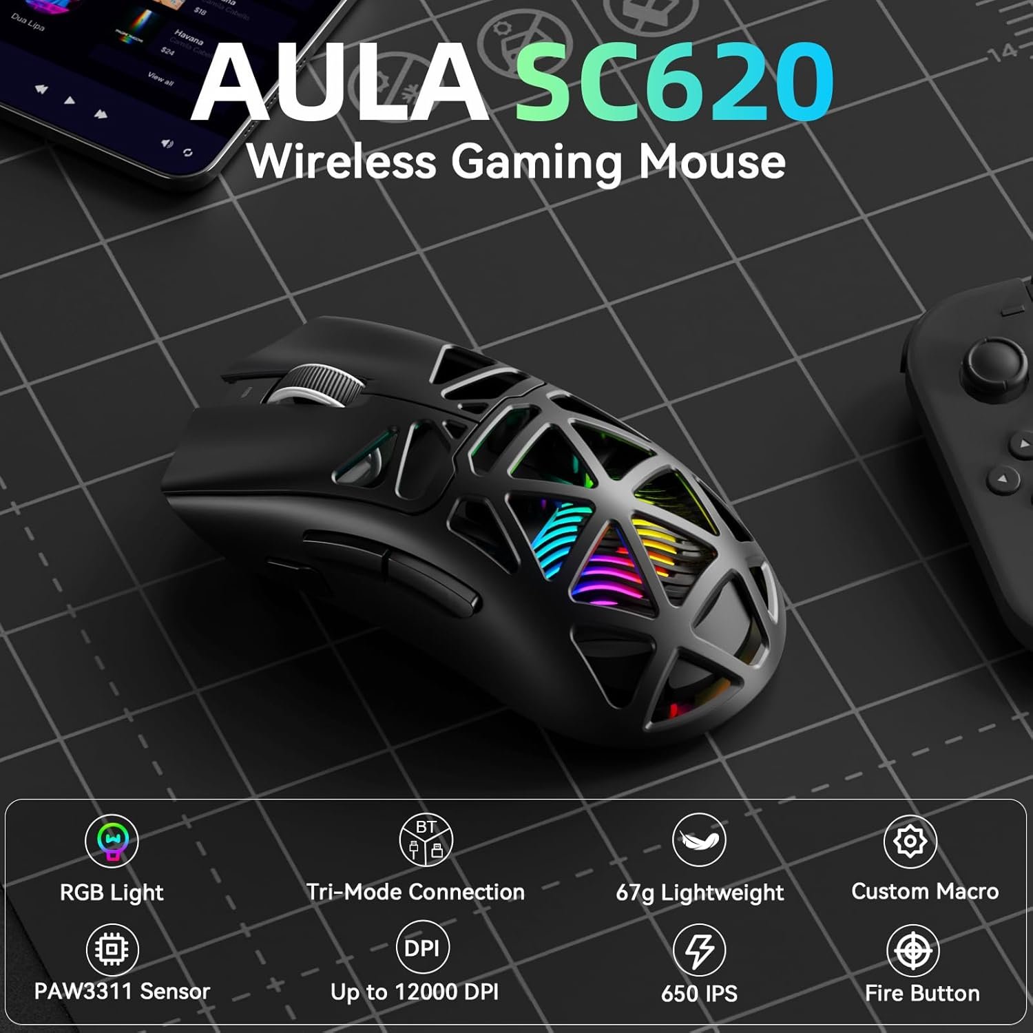 AULA SC620 Tri-Mode (BT5.3/2.4GHz/USB-C) Wireless Gaming Mouse for PC, Laptop, Mac | Black (SC620B)