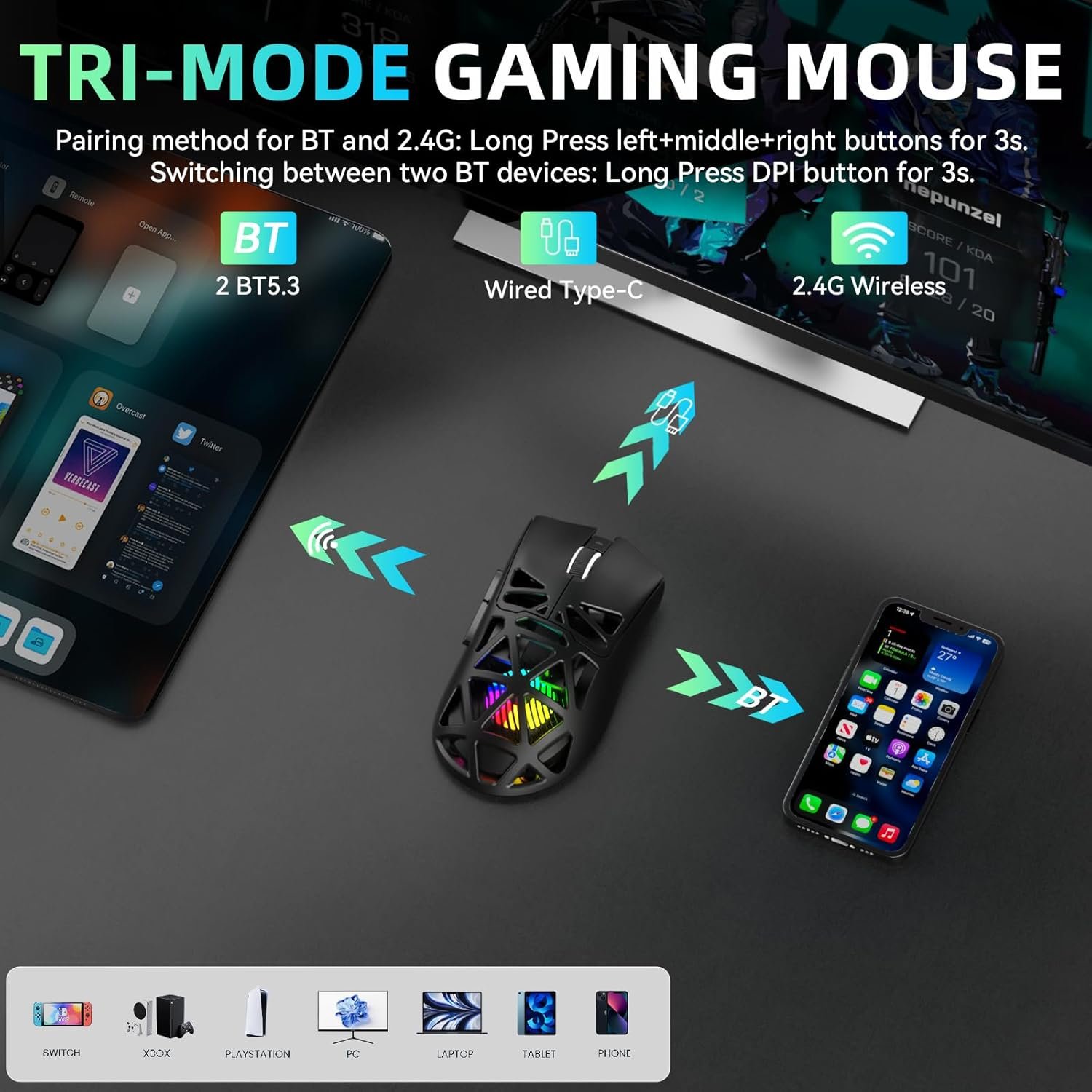 AULA SC620 Tri-Mode (BT5.3/2.4GHz/USB-C) Wireless Gaming Mouse for PC, Laptop, Mac | Black (SC620B)