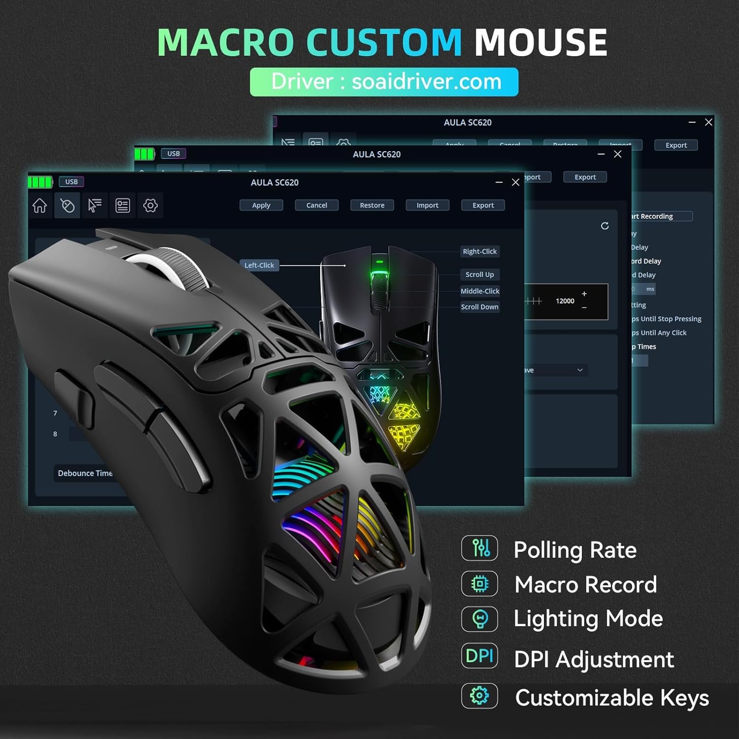 AULA SC620 Tri-Mode (BT5.3/2.4GHz/USB-C) Wireless Gaming Mouse for PC, Laptop, Mac | Black (SC620B)