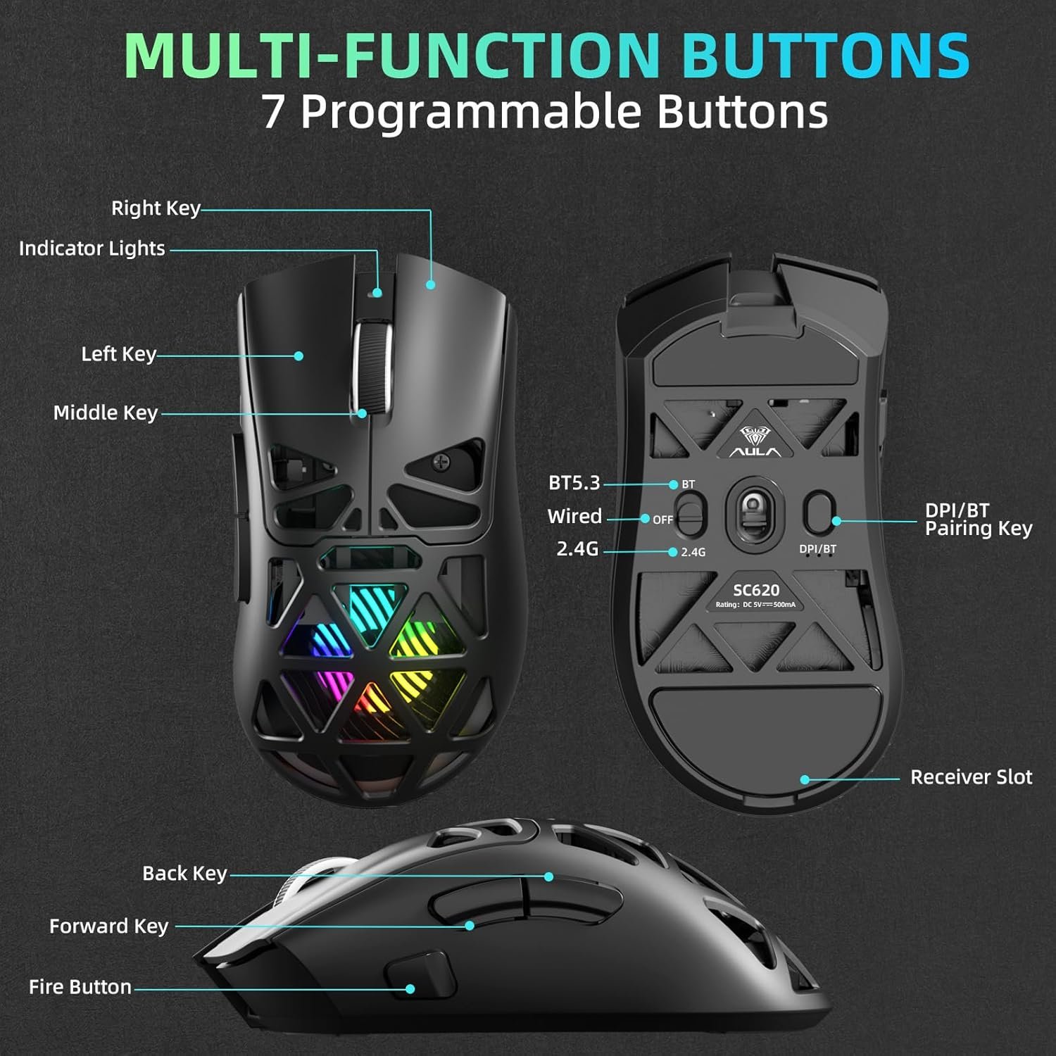 AULA SC620 Tri-Mode (BT5.3/2.4GHz/USB-C) Wireless Gaming Mouse for PC, Laptop, Mac | Black (SC620B)