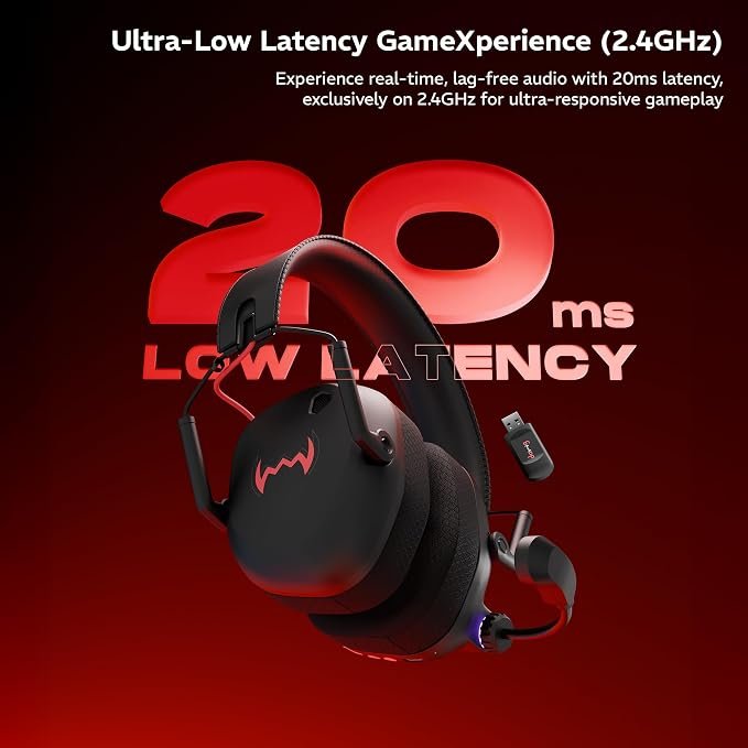 daWg HeadBug G60 RED Lightweight Wireless Gaming Headphones, 20ms Ultra Low Latency (2.4GHz), Bluetooth v5.4, 40mm Neodymium Drivers, Crystal Clear Mic, Soft Leatherlite Headband, for PS5, PS4, PC, Mobile