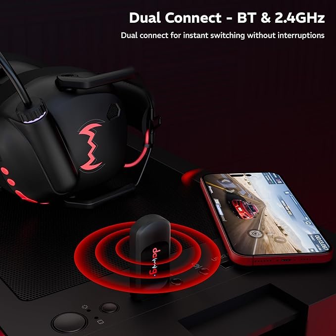 daWg HeadBug G60 RED Lightweight Wireless Gaming Headphones, 20ms Ultra Low Latency (2.4GHz), Bluetooth v5.4, 40mm Neodymium Drivers, Crystal Clear Mic, Soft Leatherlite Headband, for PS5, PS4, PC, Mobile