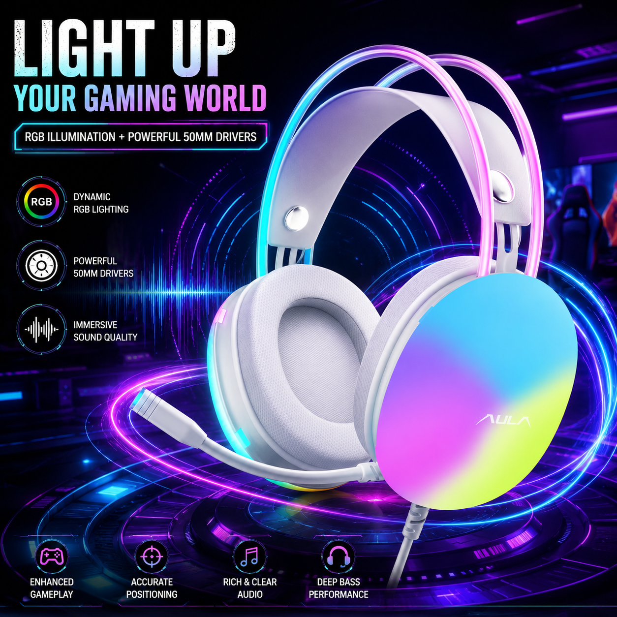 AULA S505 RGB Wired Gaming Headset With Adjustable Mic | Pink (S505P)