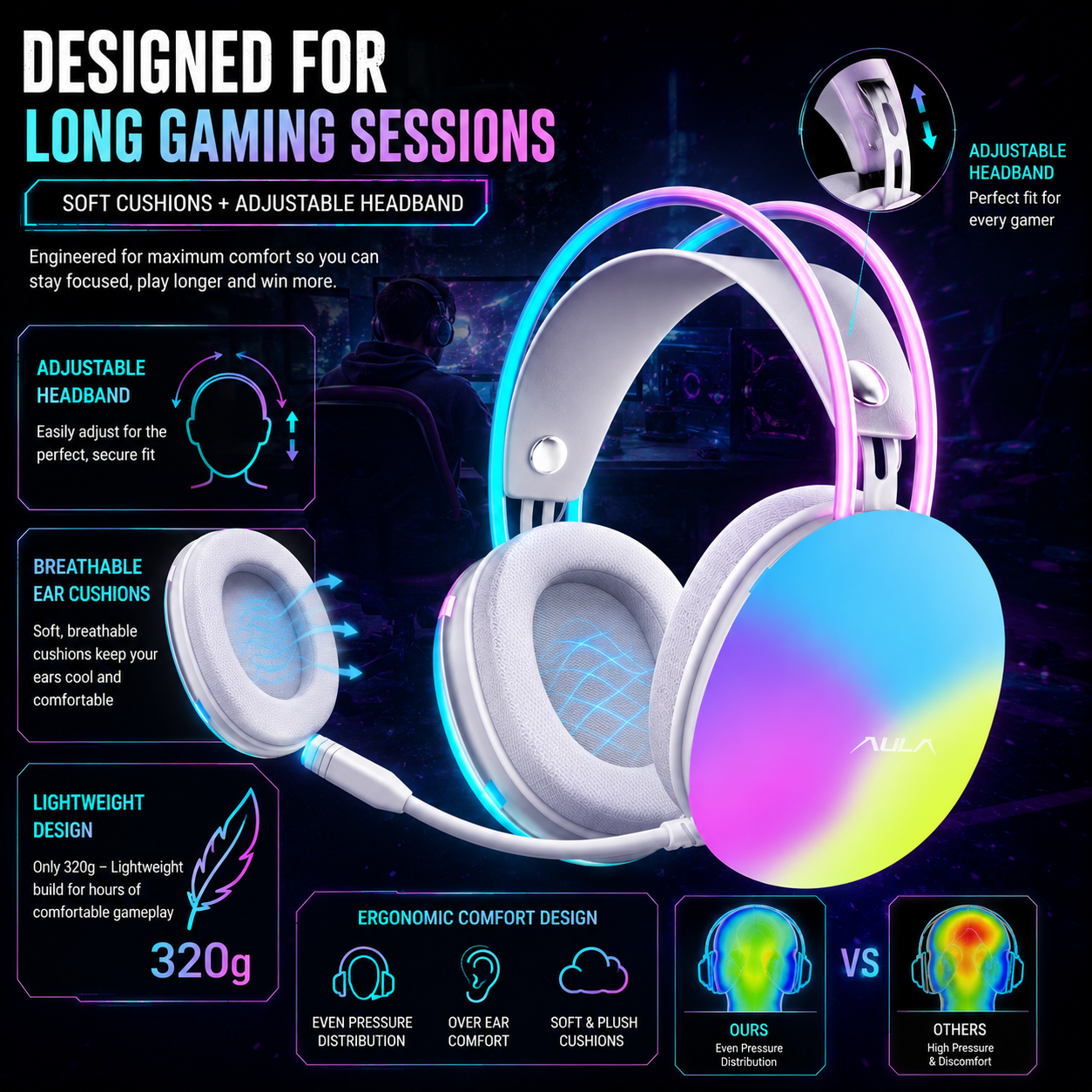 AULA S505 RGB Wired Gaming Headset With Adjustable Mic | Pink (S505P)