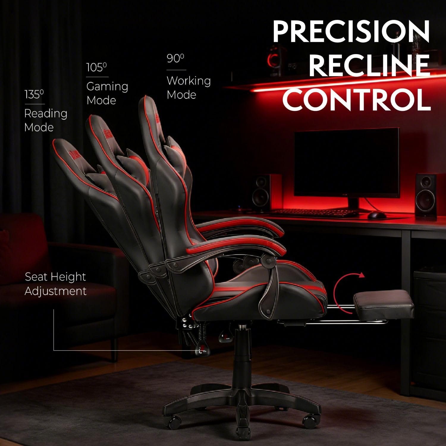 NiTHO RAVEN Gaming Office Chair | Ergonomic Computer Chair with Linkage Armrests, Foldable Footrest, Class 3 Gas Lift, 135° Adjustable Recline, Swivel Chair for Gaming or Home Office, Black & Red