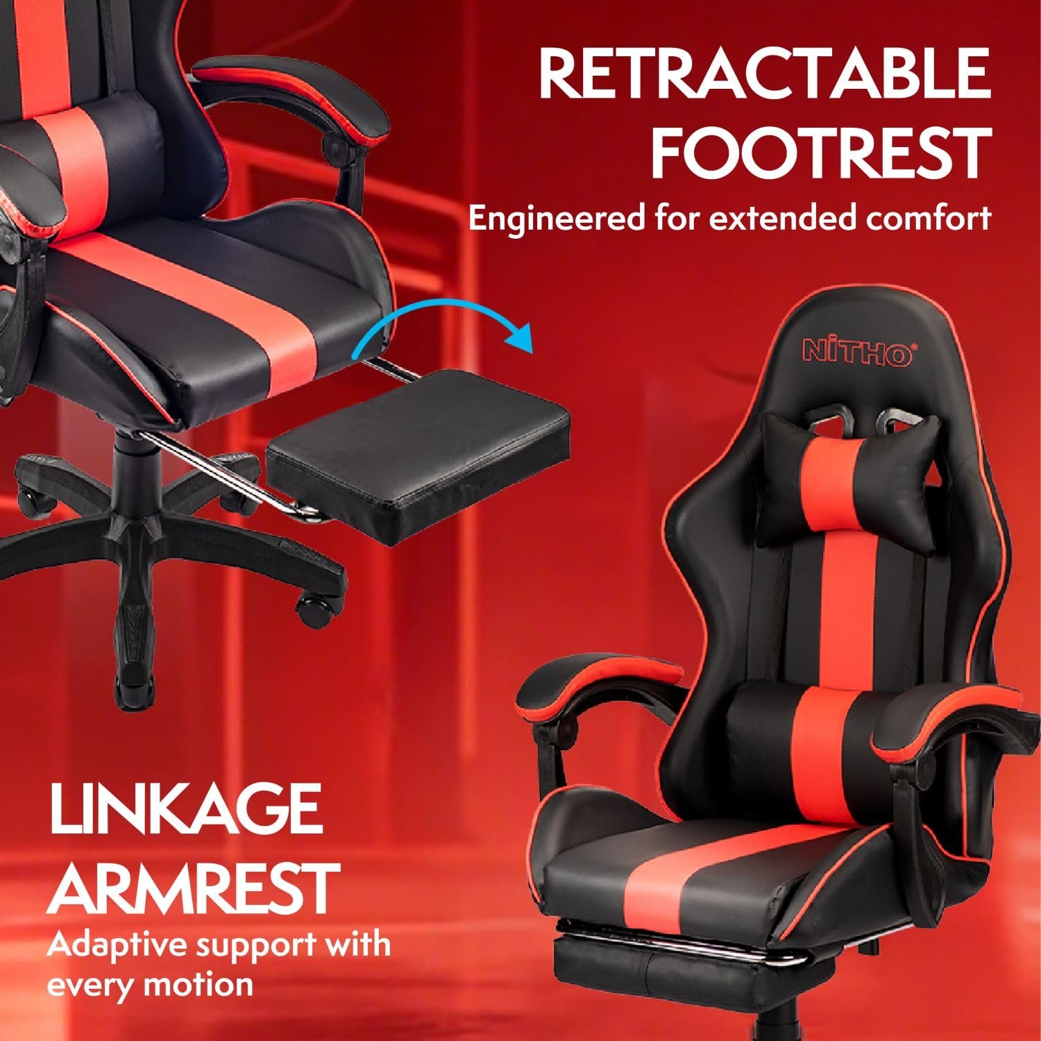 NiTHO RAVEN Gaming Office Chair | Ergonomic Computer Chair with Linkage Armrests, Foldable Footrest, Class 3 Gas Lift, 135° Adjustable Recline, Swivel Chair for Gaming or Home Office, Black & Red
