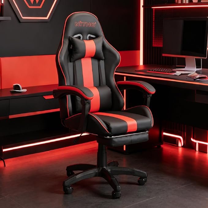 NiTHO RAVEN Gaming Office Chair | Ergonomic Computer Chair with Linkage Armrests, Foldable Footrest, Class 3 Gas Lift, 135° Adjustable Recline, Swivel Chair for Gaming or Home Office, Black & Red