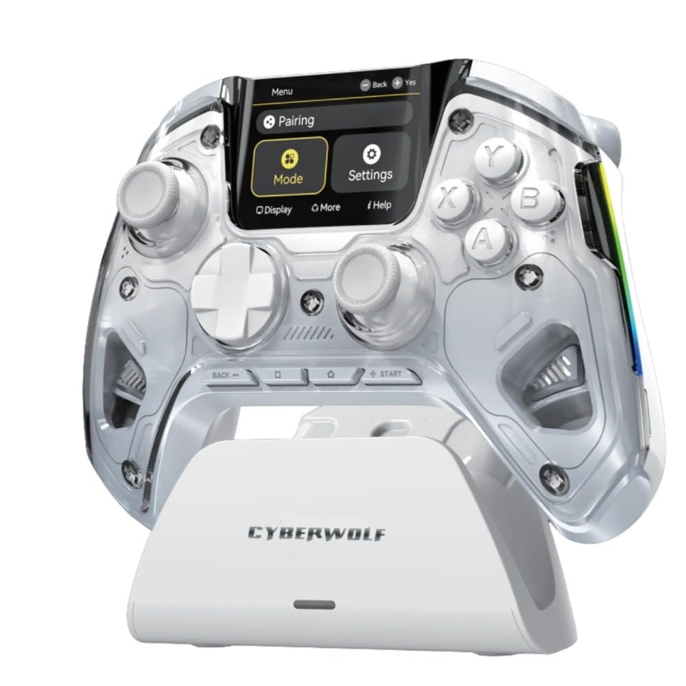 Cyberwolf Vision Alpha Pro Gaming Controller, Wireless with Hall Effect Triggers, RGB Lighting, 4 Remappable Buttons, Smart Charging Dock, 1800mAh Battery for PC, Switch, iOS, Android